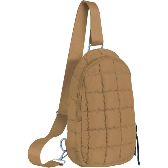 Khaki Puffer Women's Small Quilted Crossbody Sling Bag, Nylon, Zipper - Picture 1 of 7